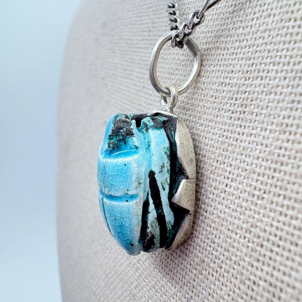 Turquoise Carved Scarab Pendant Necklace Sterling Silver 925 Size 15.5" Length - Picture 3 of 16